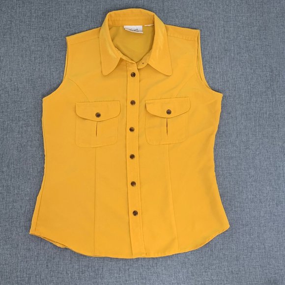 Kathie Lee Collection Sleeveless Button Down Top Collared Yellow Medium Pockets - Picture 2 of 9